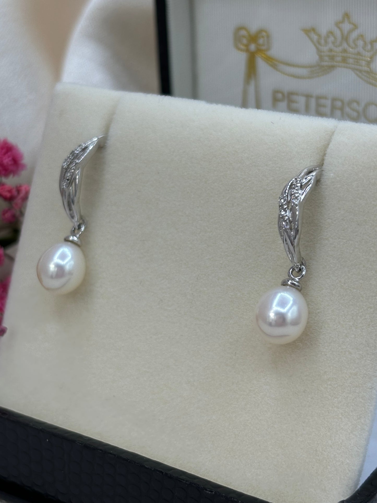 9ct White Gold Pearl and Diamond Drop Earrings