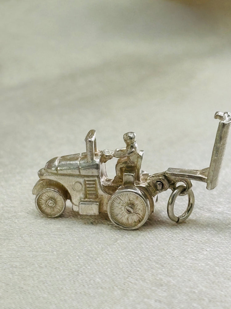 Vintage Silver Charm Tractor Moveable
