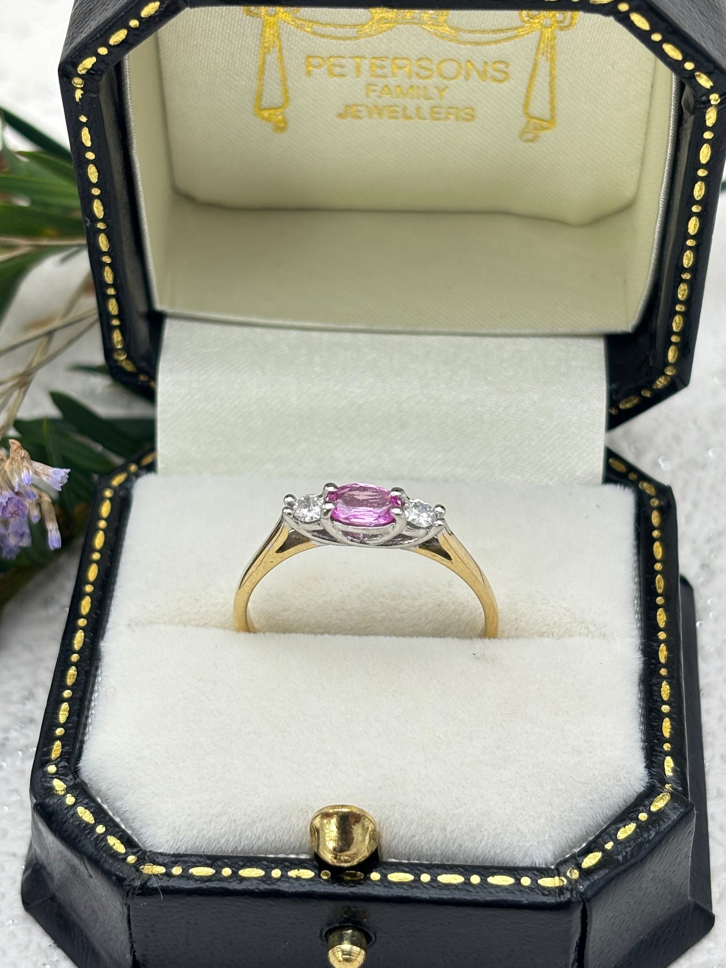 18ct Gold Pink Sapphire and Diamond Three Stone Ring - Pre-owned