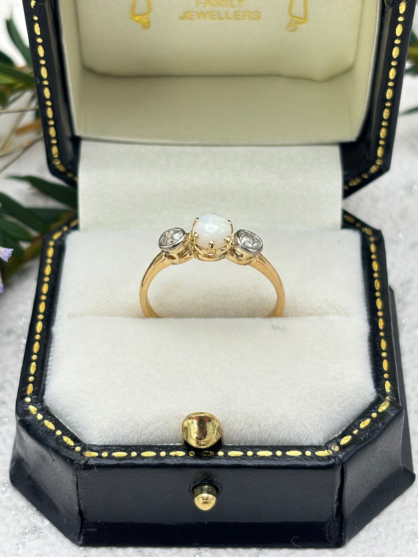 18ct Gold Opal and Diamond Three Stone Ring - Vintage