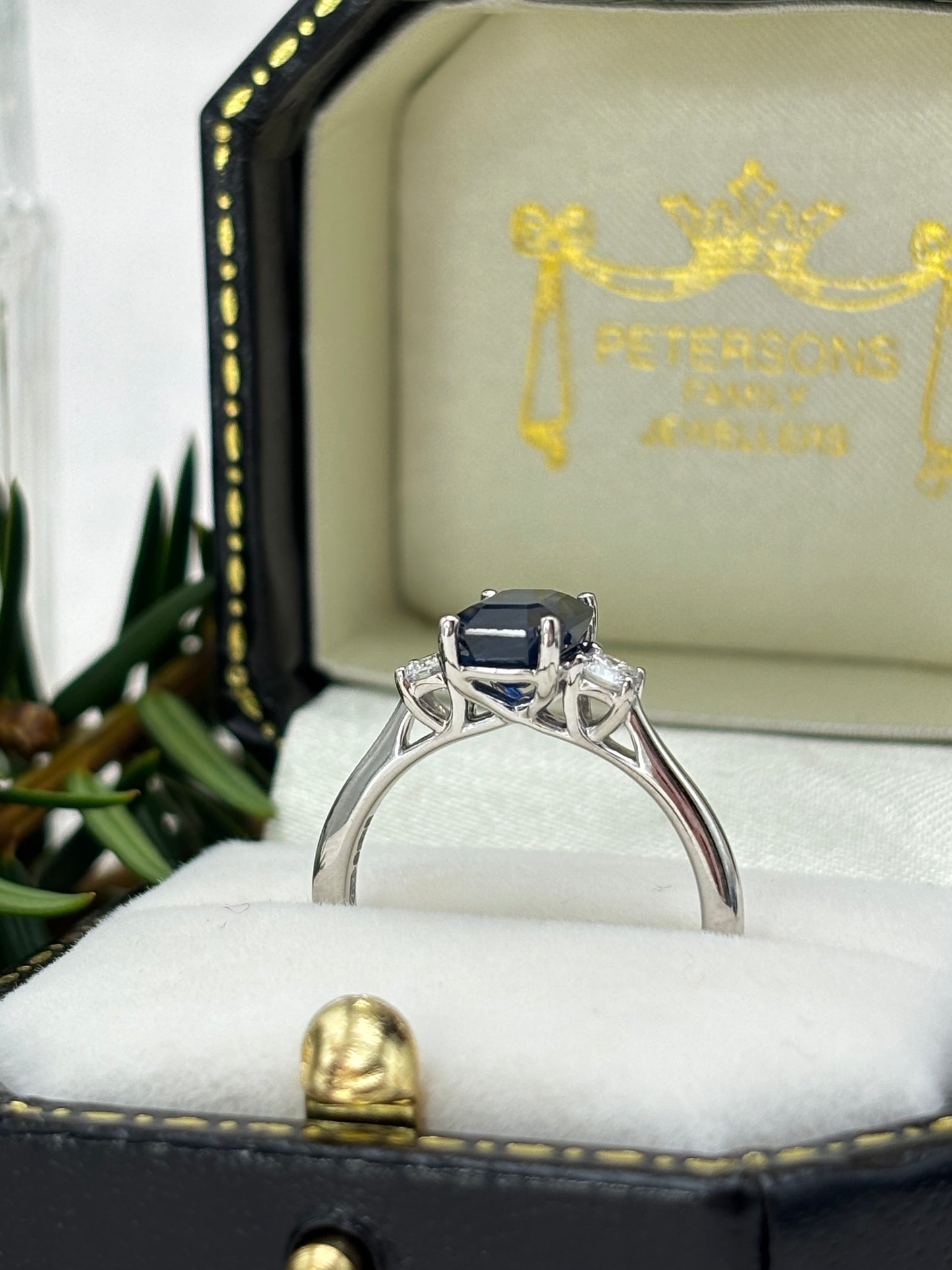 Platinum Blue Sapphire and Diamond Three Stone Ring.
