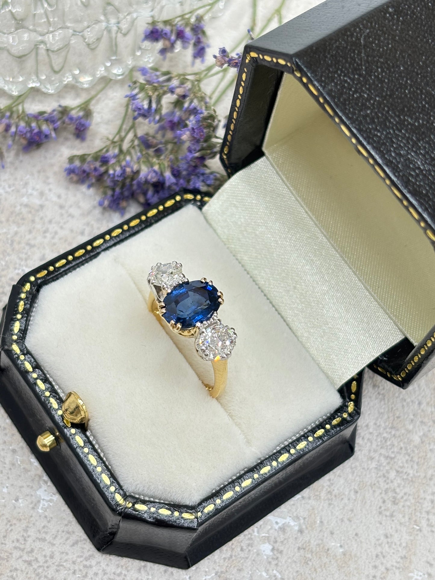 Vintage Sapphire and Diamond Three Stone Ring.