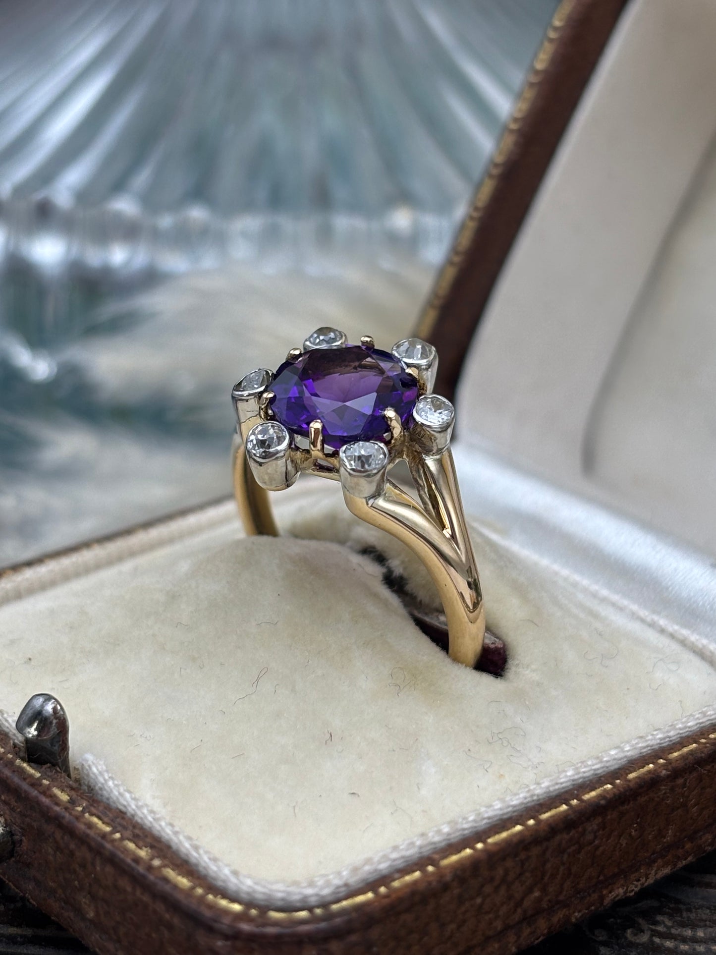 18ct Gold Amethyst and Diamond Cluster Ring - Antique