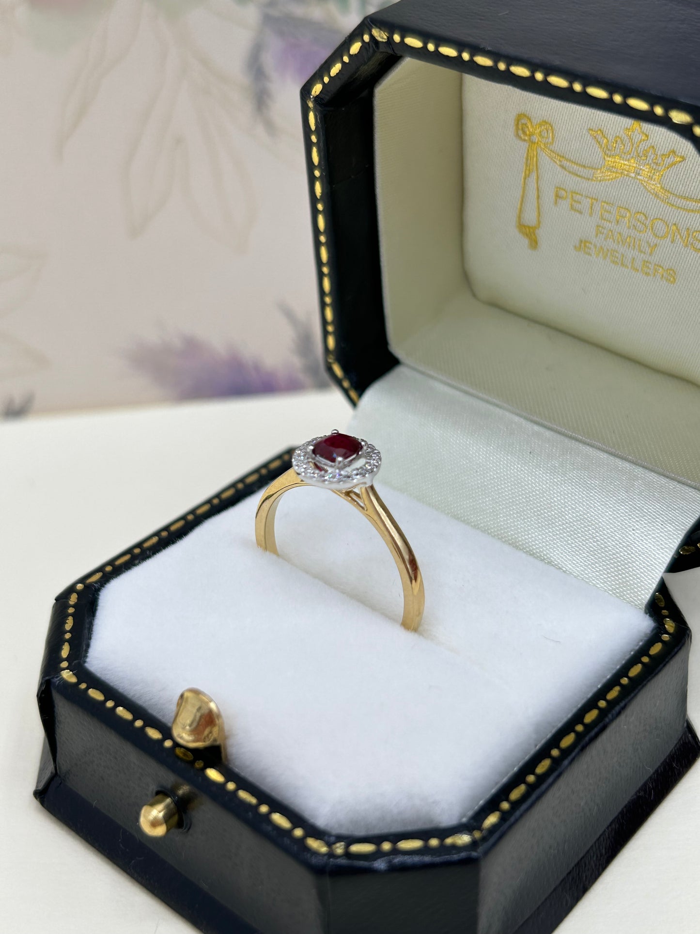 18ct Gold Ruby and Diamond Halo Cluster Ring