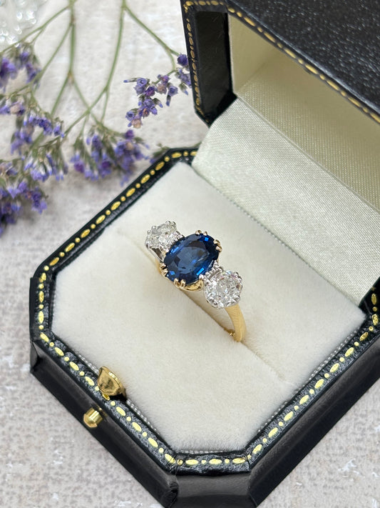 Vintage Sapphire and Diamond Three Stone Ring.