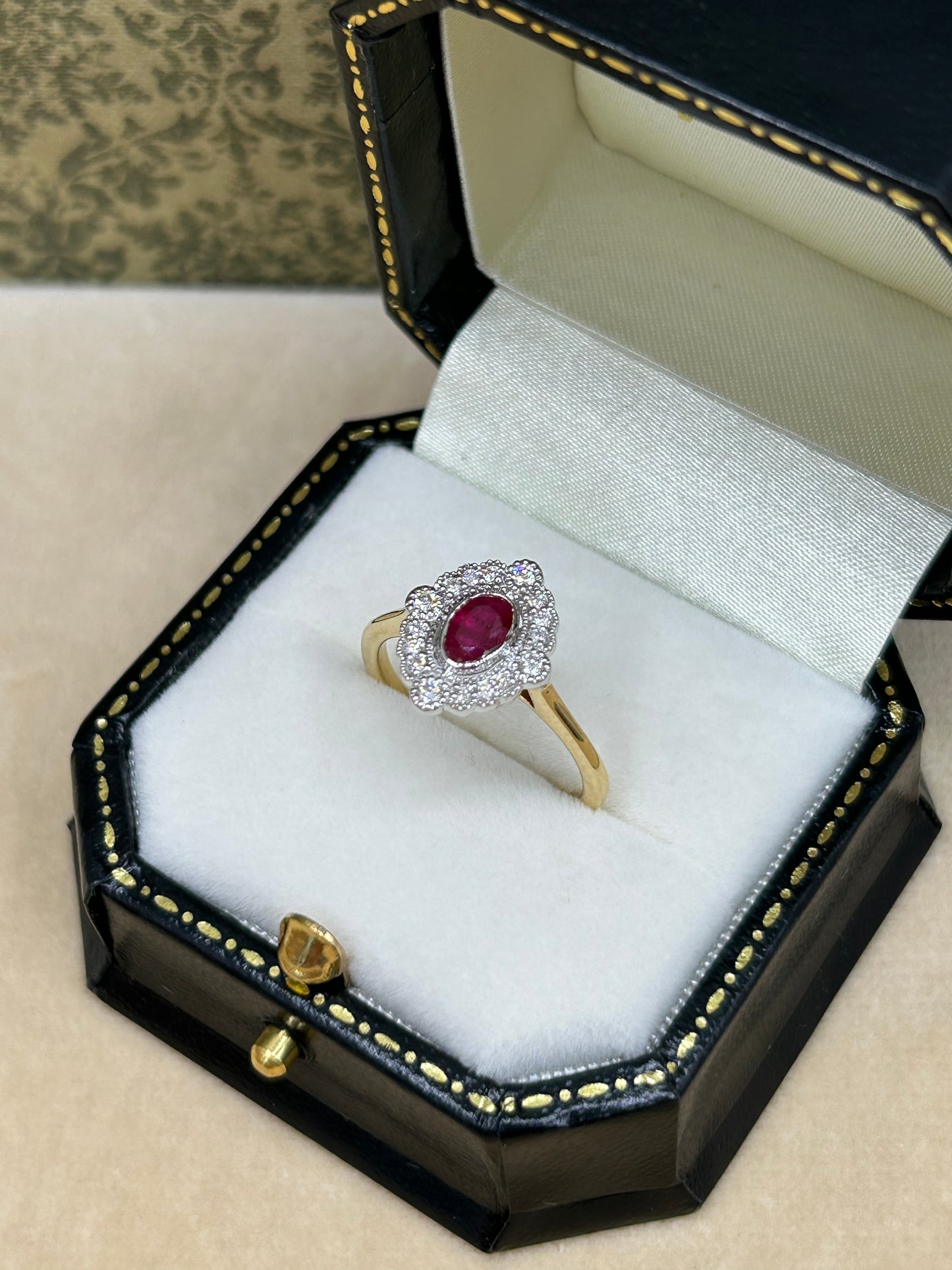 18ct Gold Ruby and Diamond Halo Cluster Ring