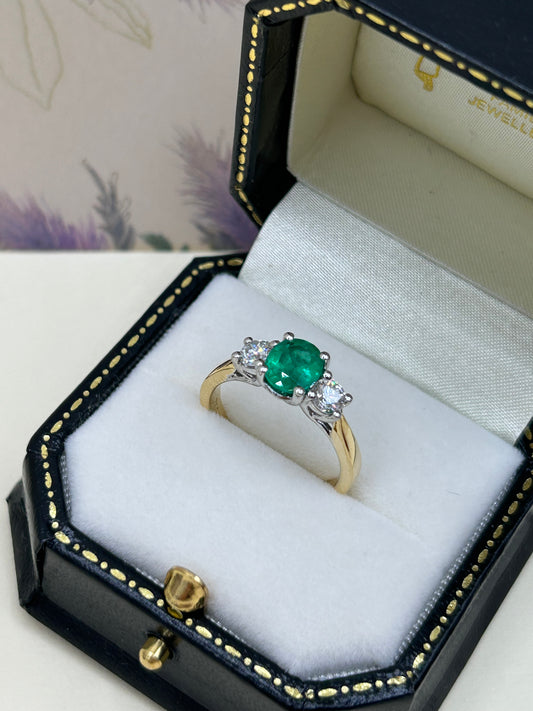 18ct Gold Emerald and Diamond Three Stone Ring