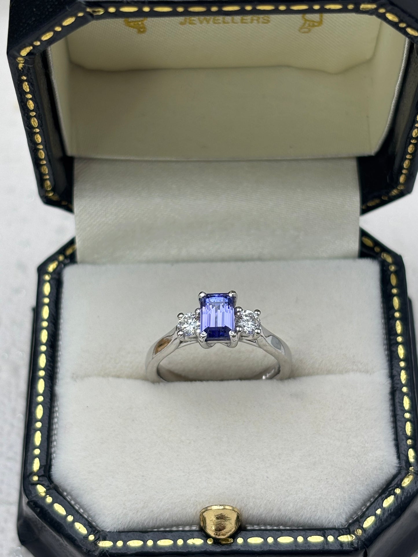 Platinum Tanzanite and Diamond Three Stone Ring.