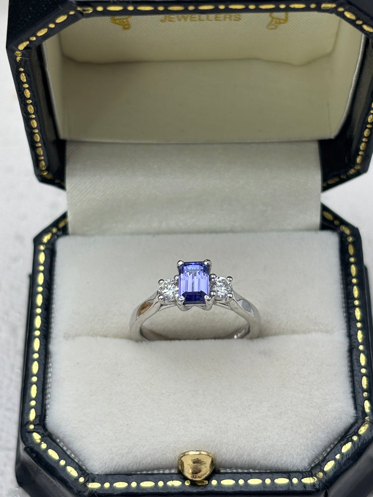 Platinum Tanzanite and Diamond Three Stone Ring.