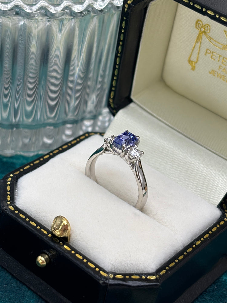 Platinum Tanzanite and Diamond Three Stone Ring.