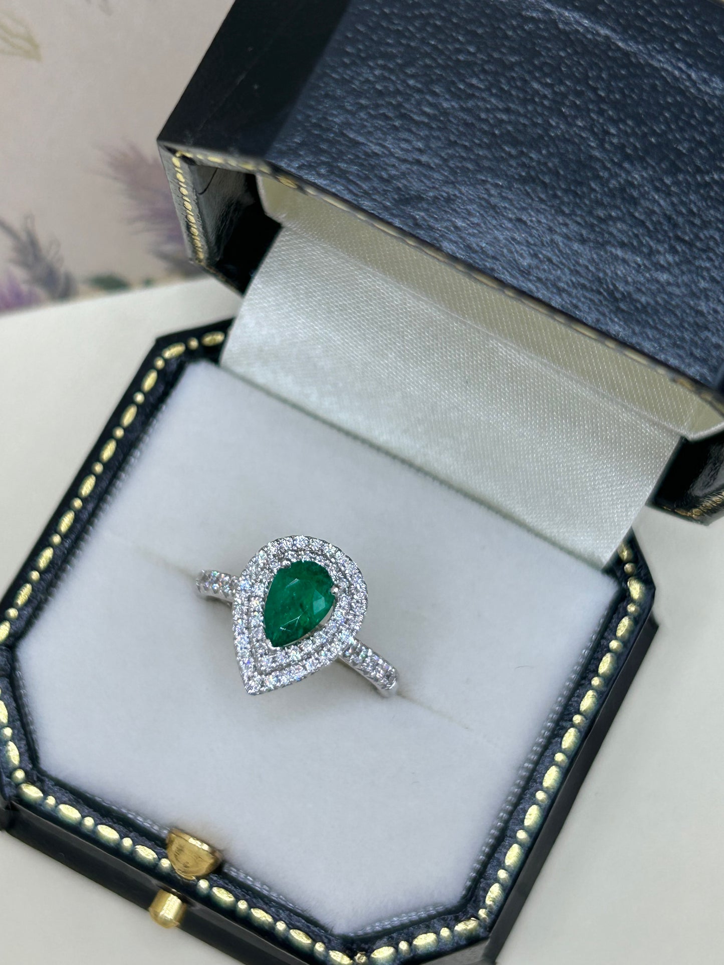 18ct White Gold Emerald and Diamond Cluster Ring