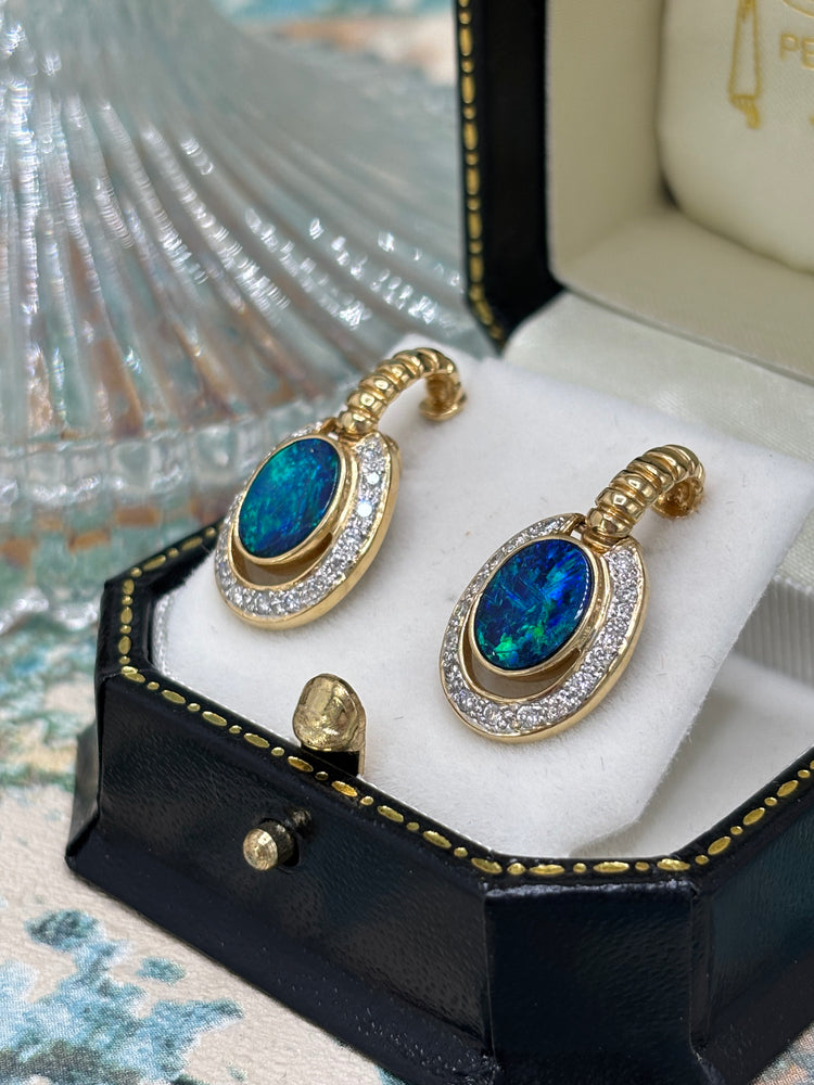 14ct Opal and Diamond Drop Earrings - Pre-owned