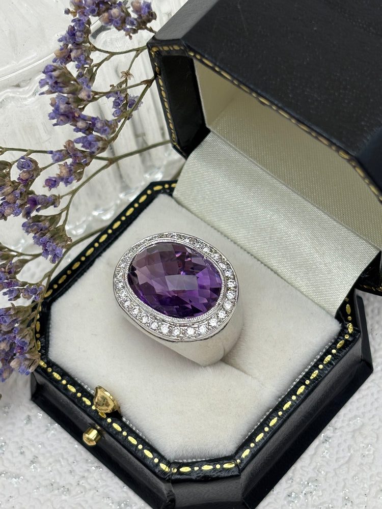 18ct White Gold Amethyst and Diamond Dress Ring - Pre-owned