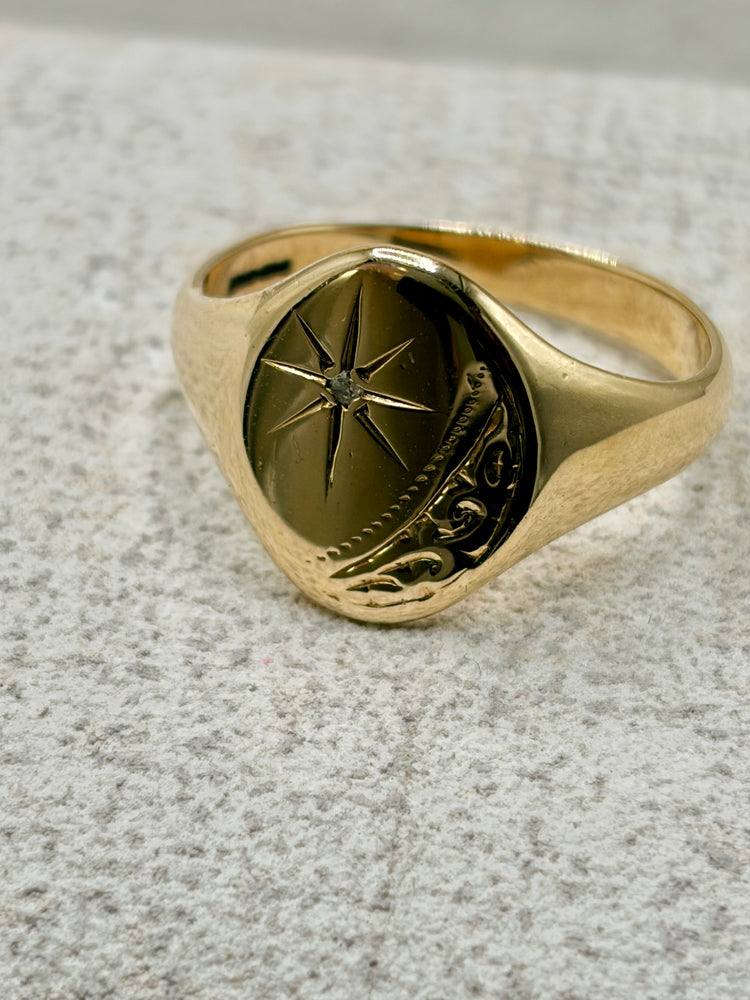 9ct Yellow Gold Gents Diamond Signet Ring, Vintage