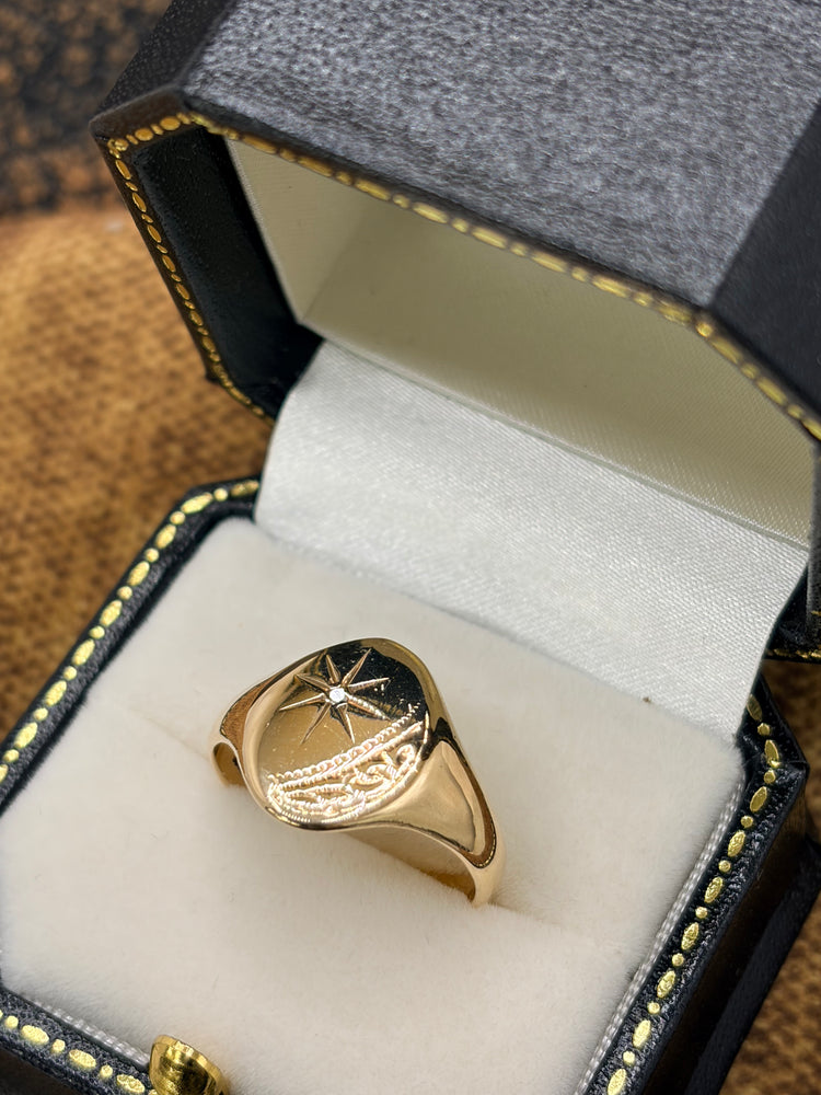 9ct Yellow Gold Gents Diamond Signet Ring, Vintage