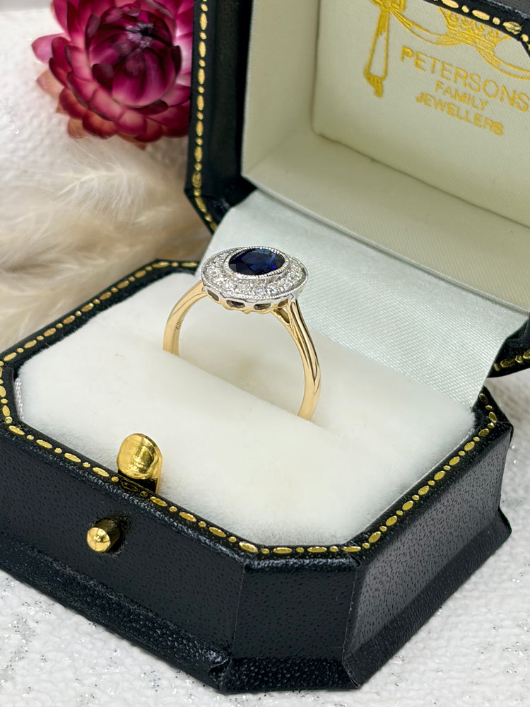 Vintage Style Sapphire and Diamond Cluster Ring.