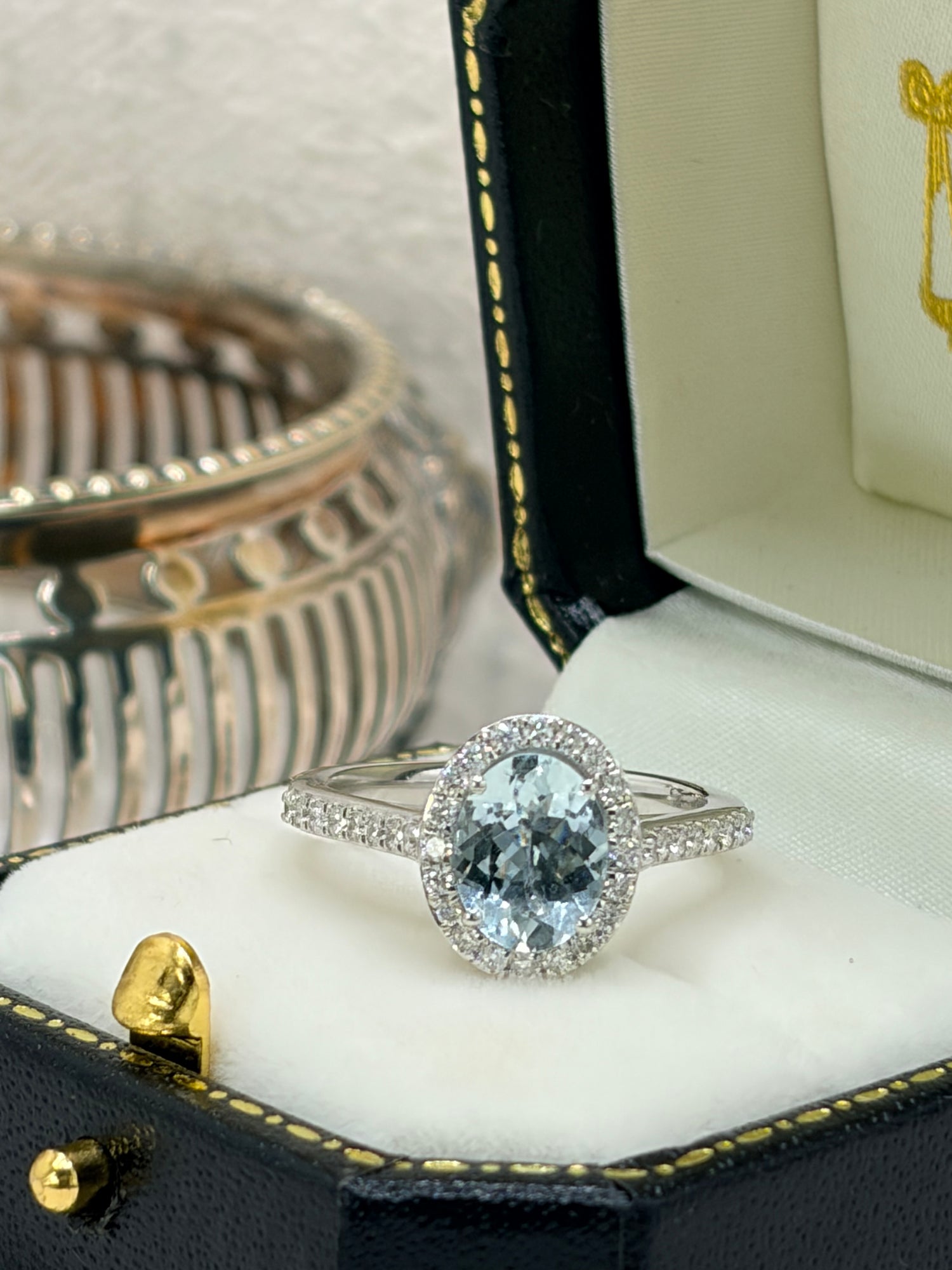 Platinum Aquamarine and Diamond Cluster Ring.
