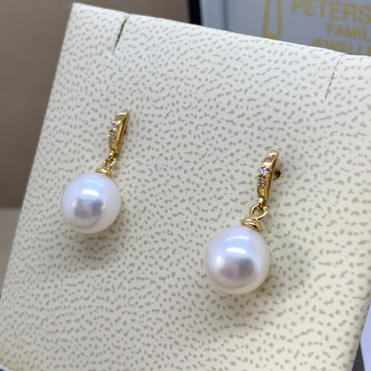 Yellow Gold Pearl & Diamond Drop Earrings
